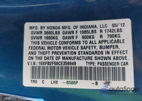 2012 Honda Civic Lx z USA, uszkodzony, nr VIN 19XFB2F58CE359949